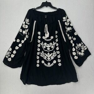 Intro Bouse Tunic Top 3X Womens Plus Black Crochet Embroidered Peasant Boho